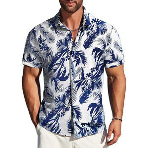 Men's White - Palm Leaf Linen Short Sleeve Button Down Casual Shirt Business